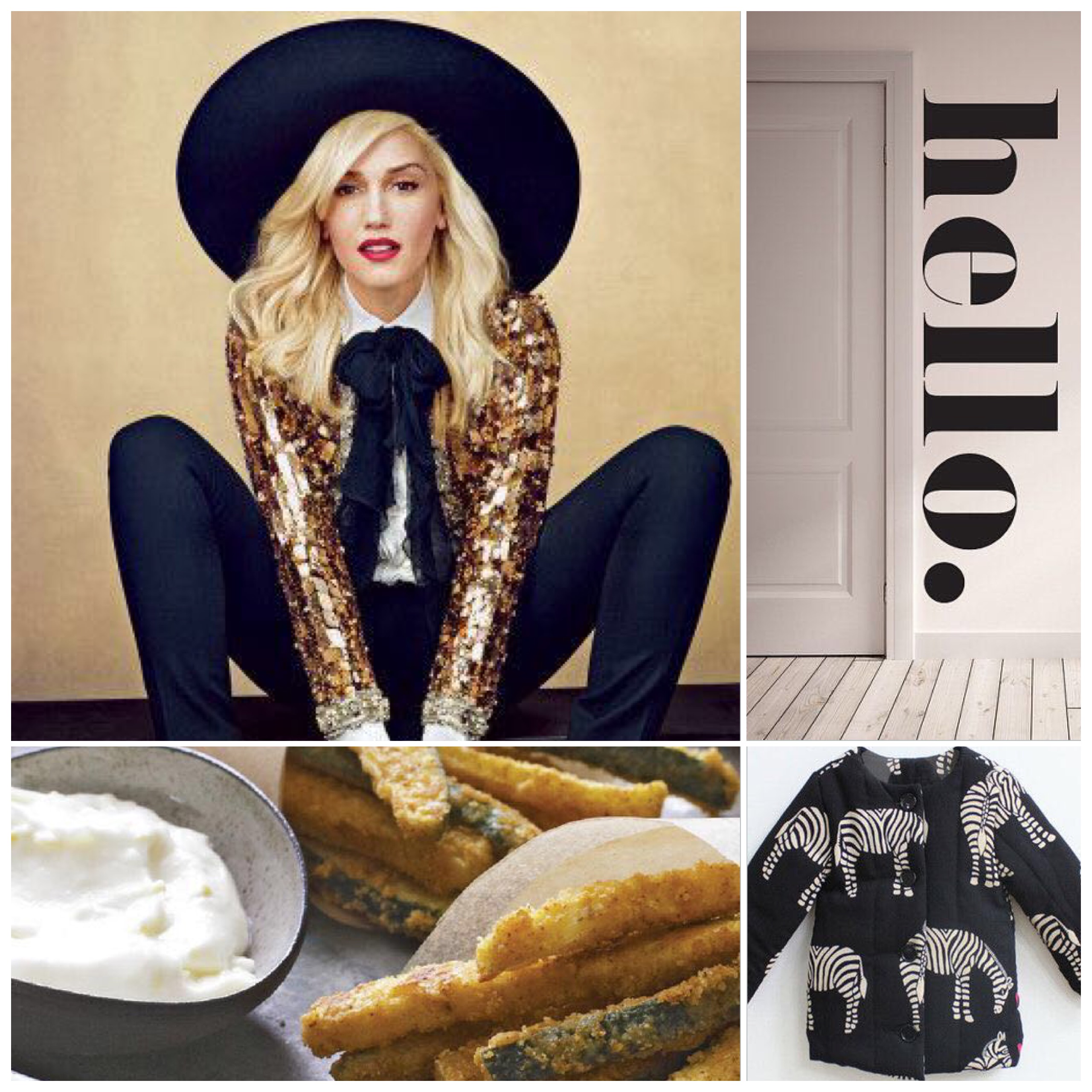 Fab Friday - Gwen Stefani, hello wall decal, zebra coat for kids, zucchini chips