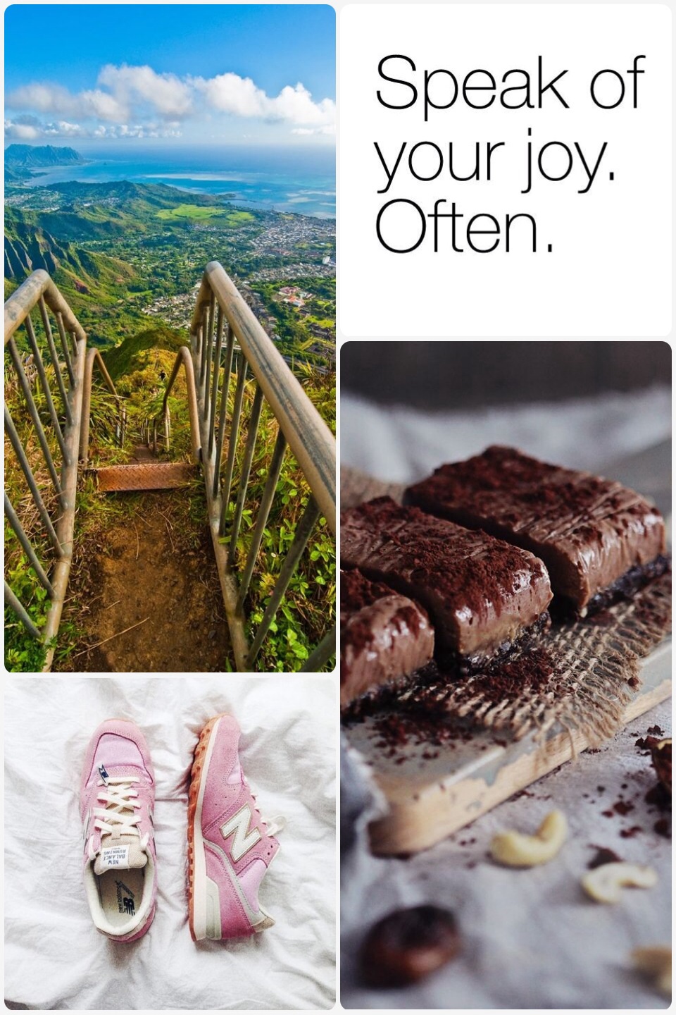 Fab Friday - Raw almond butter slice, speak of your joy often - truthbomb, new balance pink sneakers, view from too of the world