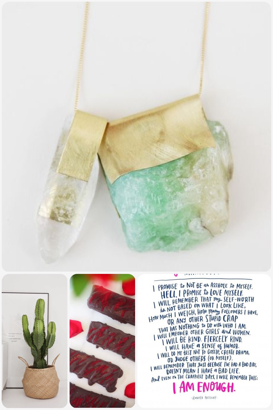 Fab Friday - crystal necklace, cactus in basket, real food Turkish delight, girl power manifesto