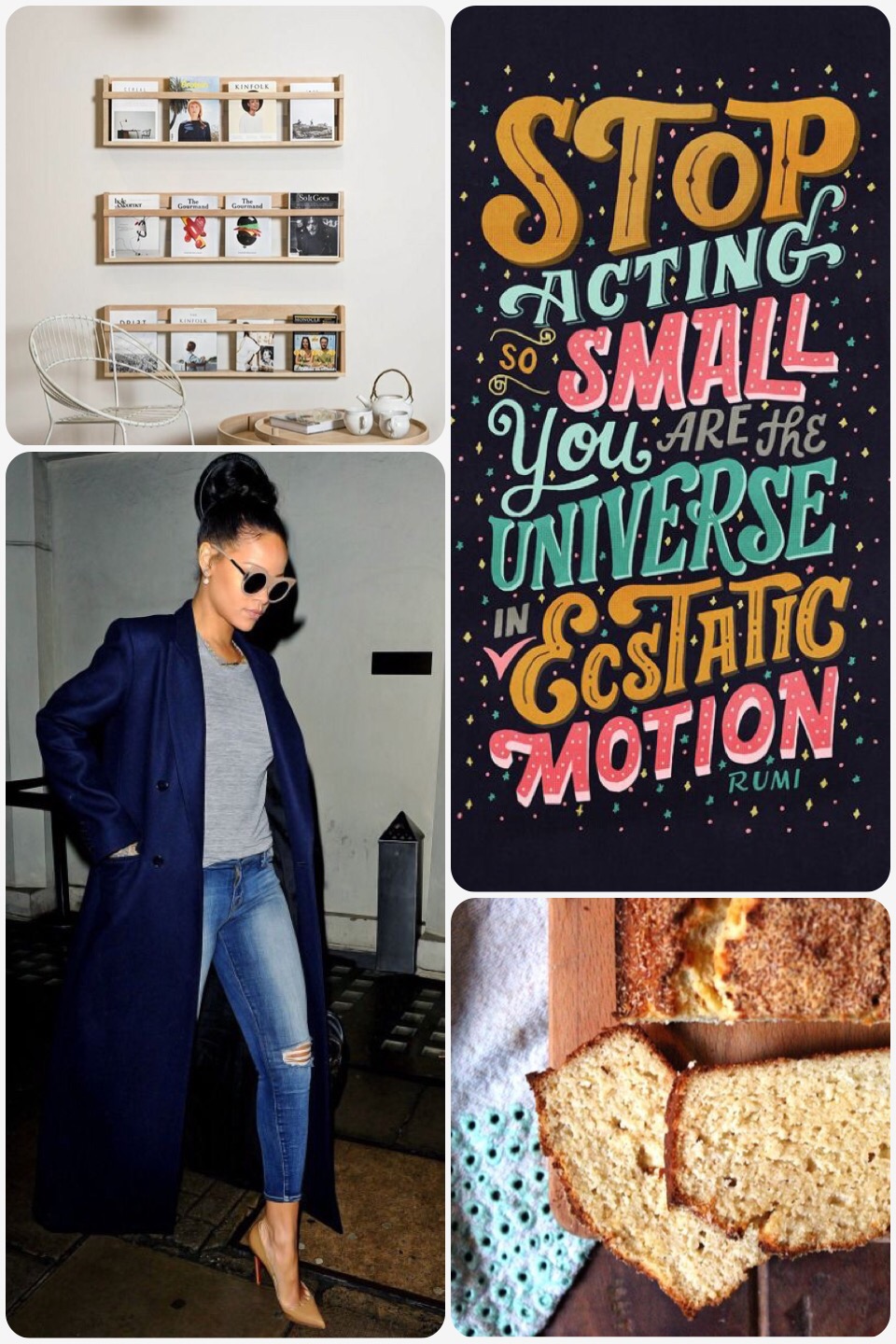 Fab Friday -Rihanna style, rumi quote, paleo coconut bread, book shelves 