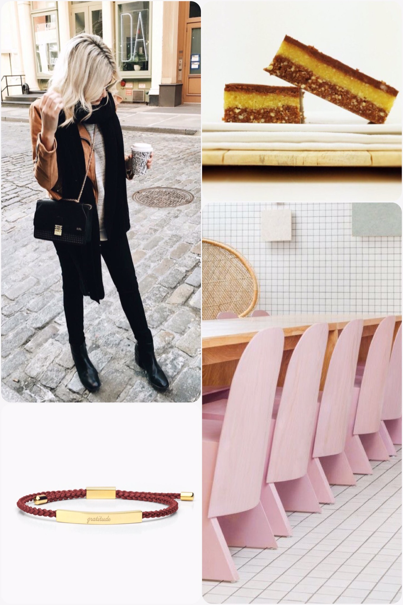 Fab Friday - winter fashion, Jaffa slice, florist pale pink chairs, gratitude bracelet 