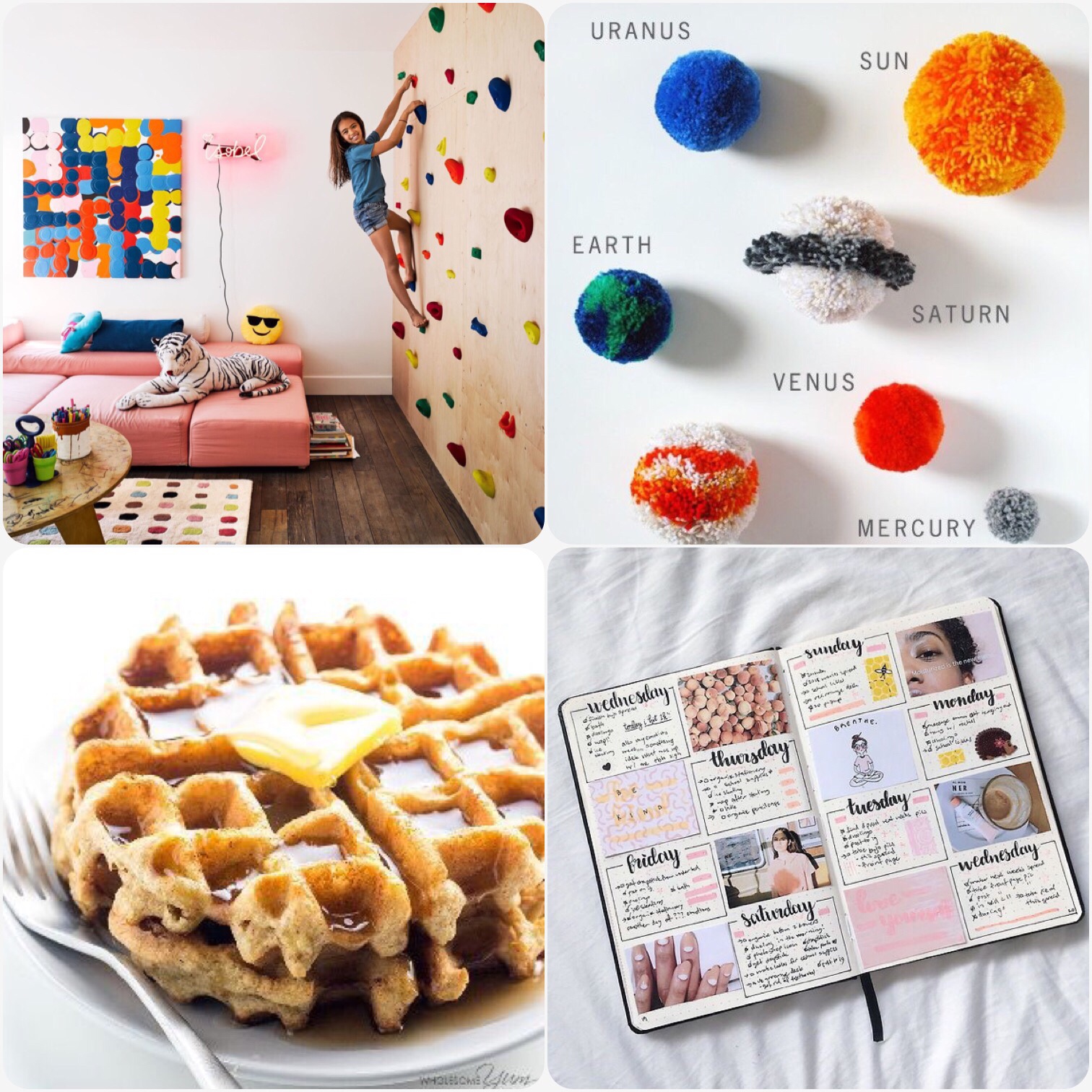 Fab Friday - kids room with climbing wall, Pom Pom solar system craft, almond waffles, bullet journal inspiration